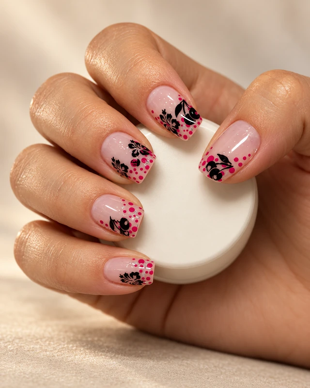 schwarze Blüten und pinke Punkte auf kurzen Gelnägeln